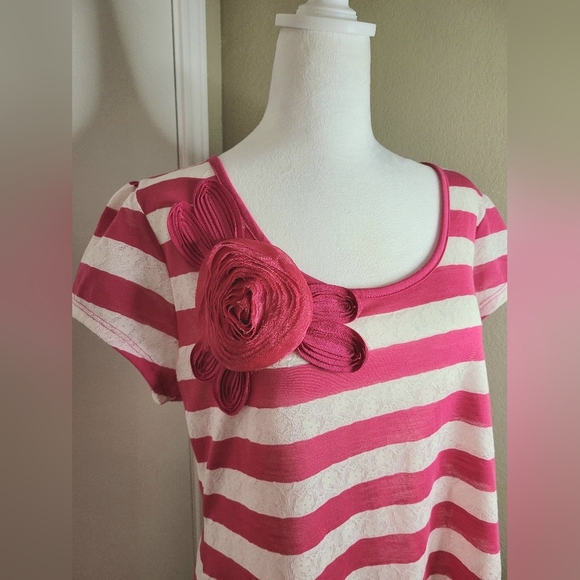 Cato's Pink/White Lace Striped Blouse w/Rose Decor & Shark Hemline, Sz: Large - Picture 2 of 8
